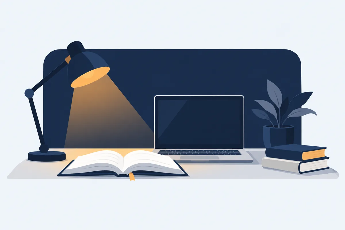 Illustration of a study desk with an open book, laptop and lamp