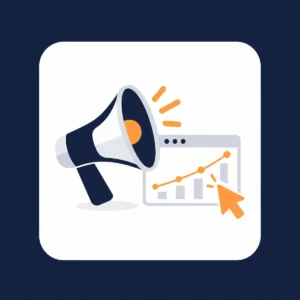 Megaphone beside a browser window with a rising line chart - Digital Marketing Fundamentals course